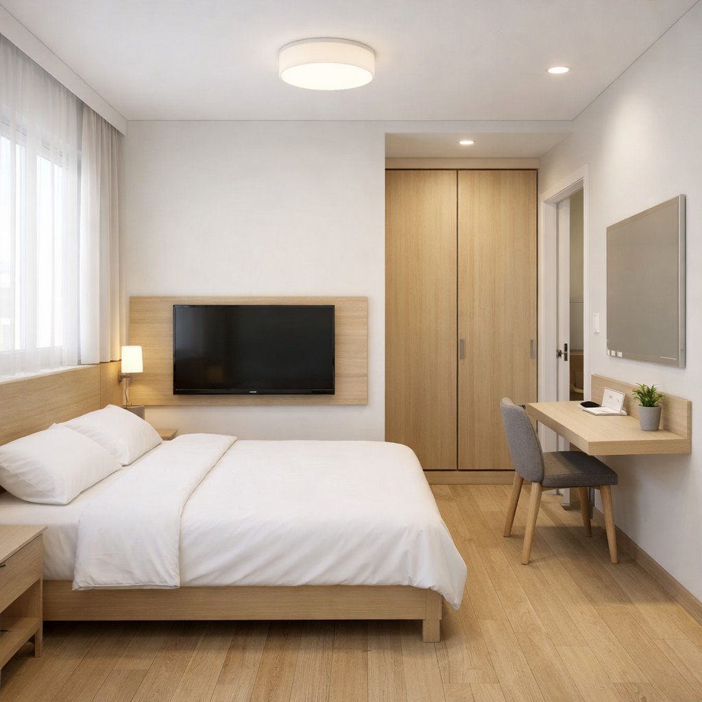 Kamar hotel 3x3 terang dan ringan ala Skandinavia