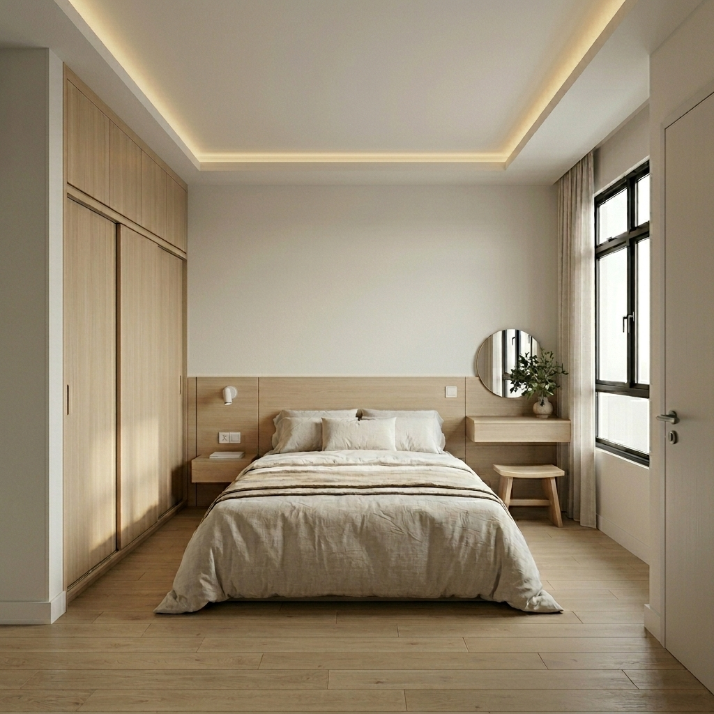 Kamar hotel 3x4 Japandi yang tenang dan nyaman