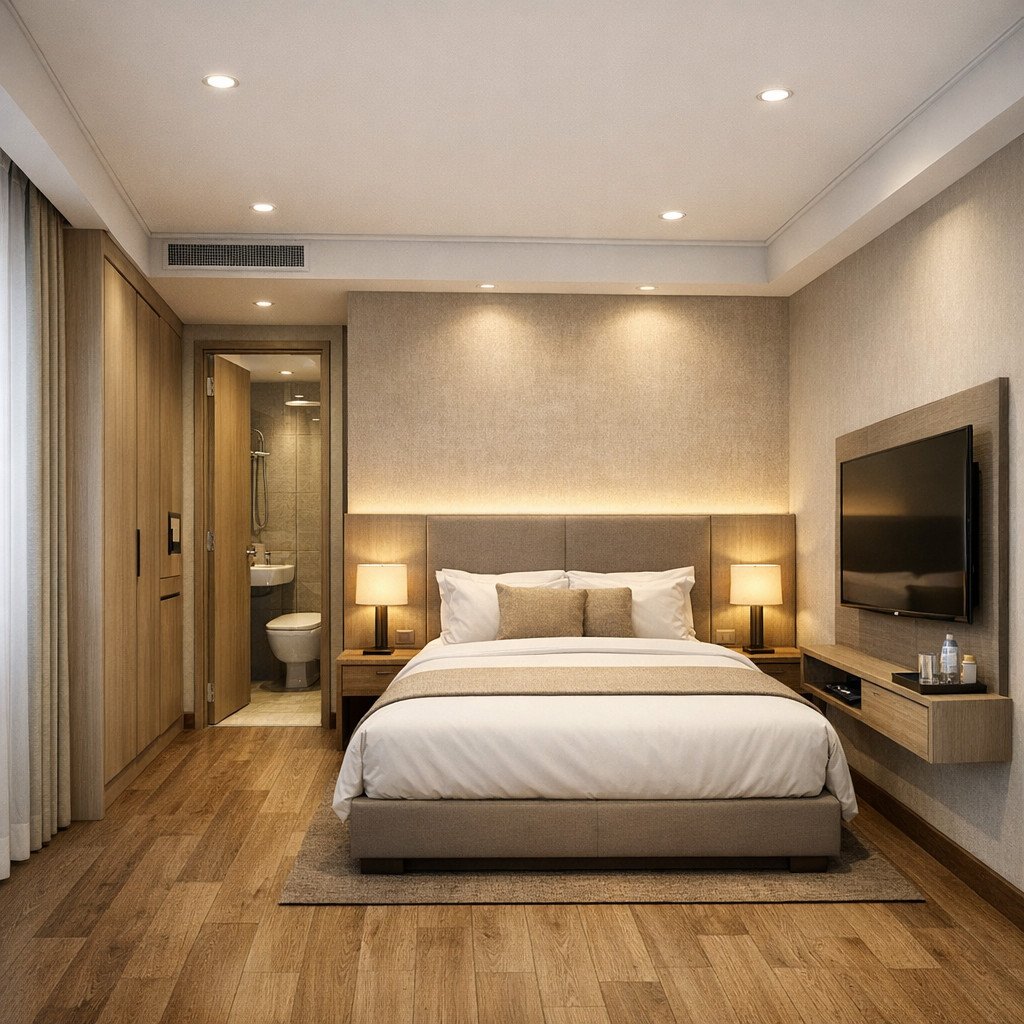 Kamar hotel 3x4 bergaya quiet luxury yang terasa premium