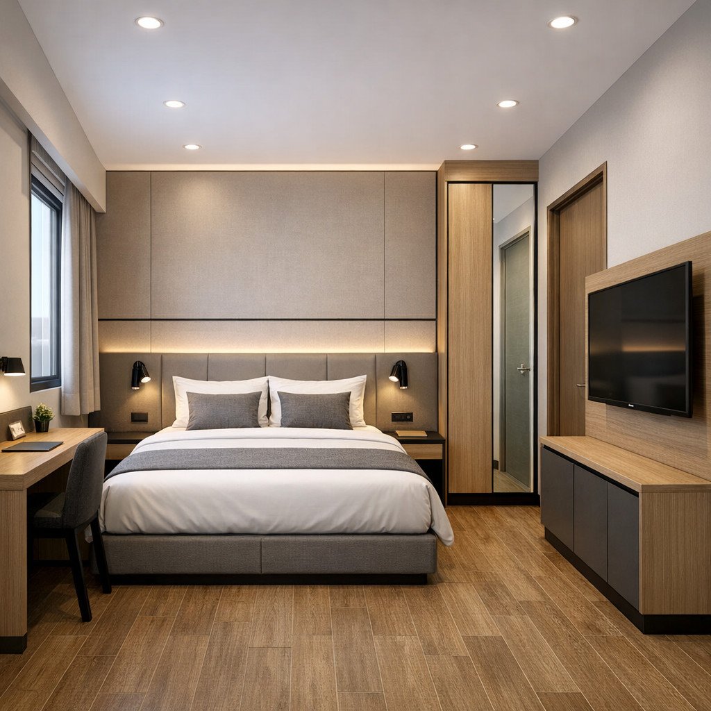 Kamar hotel 3x4 modern yang rapi dan elegan