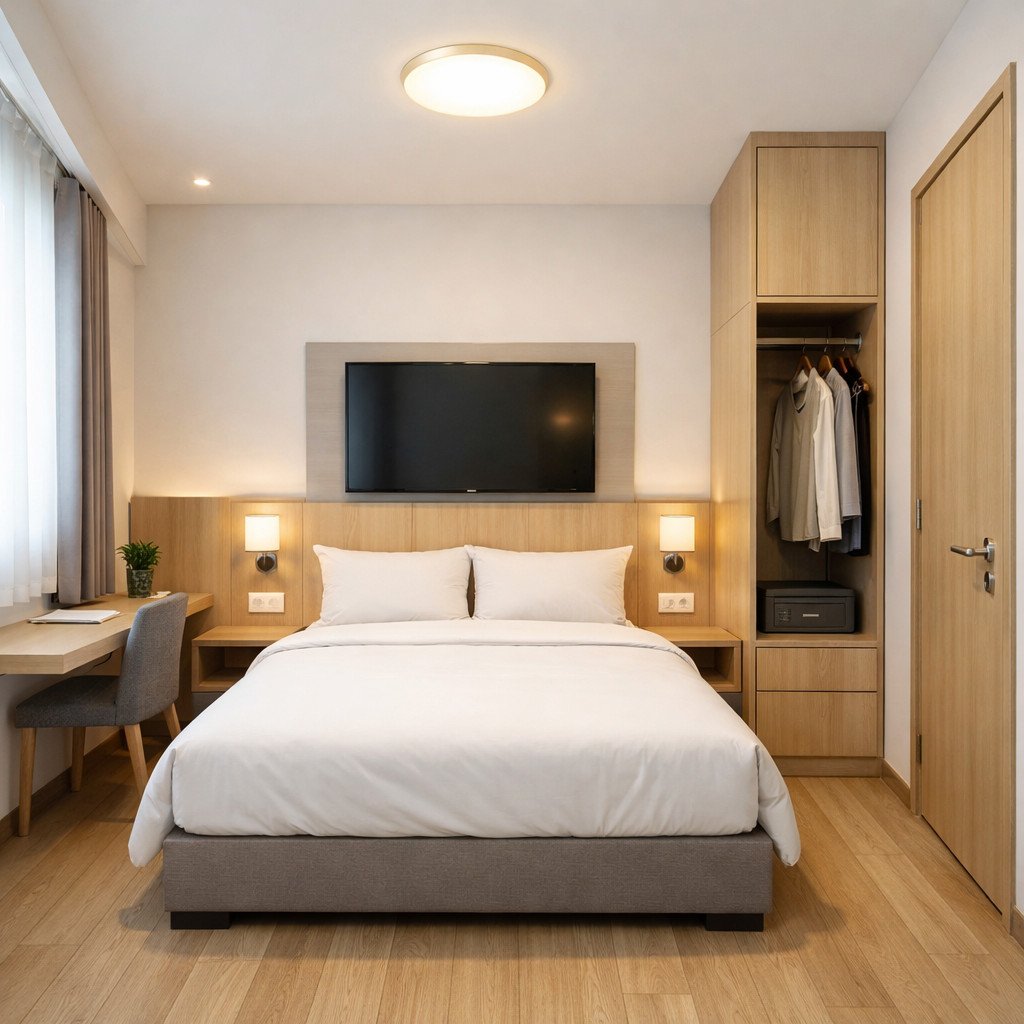 Kamar hotel 3x4 terang dan fungsional ala Skandinavia