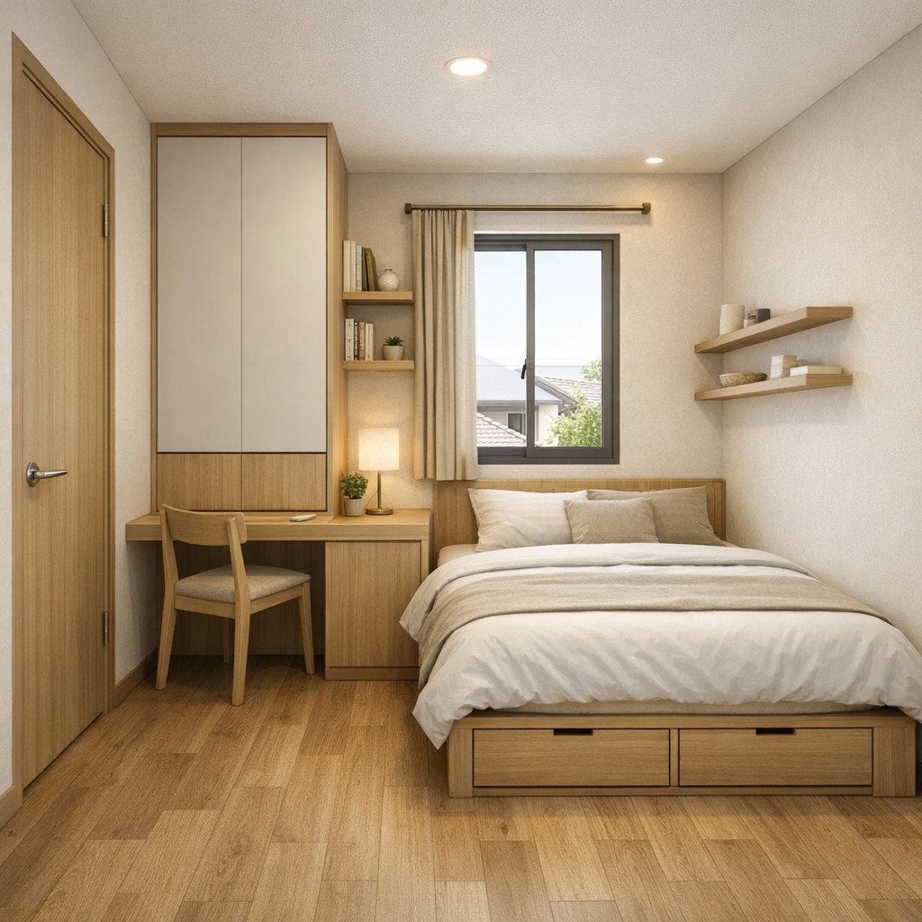 Kamar kost 3x3 Japandi yang tenang dan terasa lebih luas