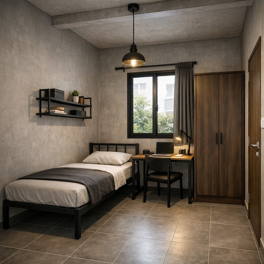 Kamar kost 3x3 industrial yang maskulin dan efisien