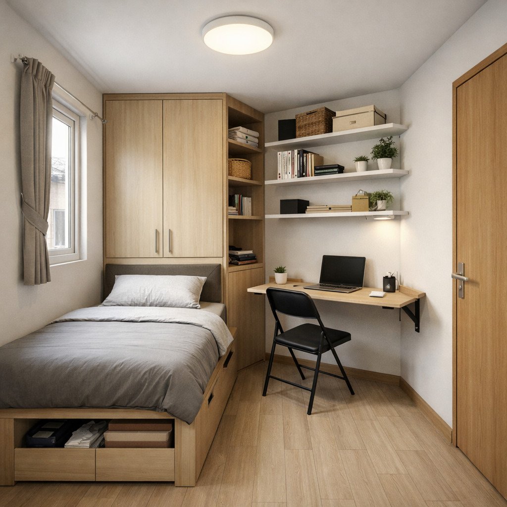 Kamar kost 3x3 minimalis dengan furnitur multifungsi