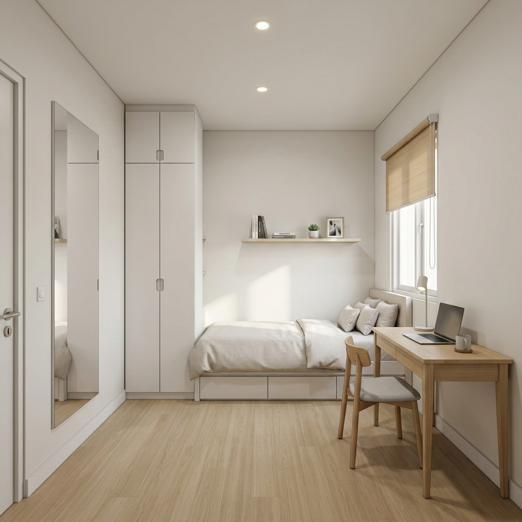 Kamar kost 3x3 terang dan lega dengan sentuhan Skandinavia