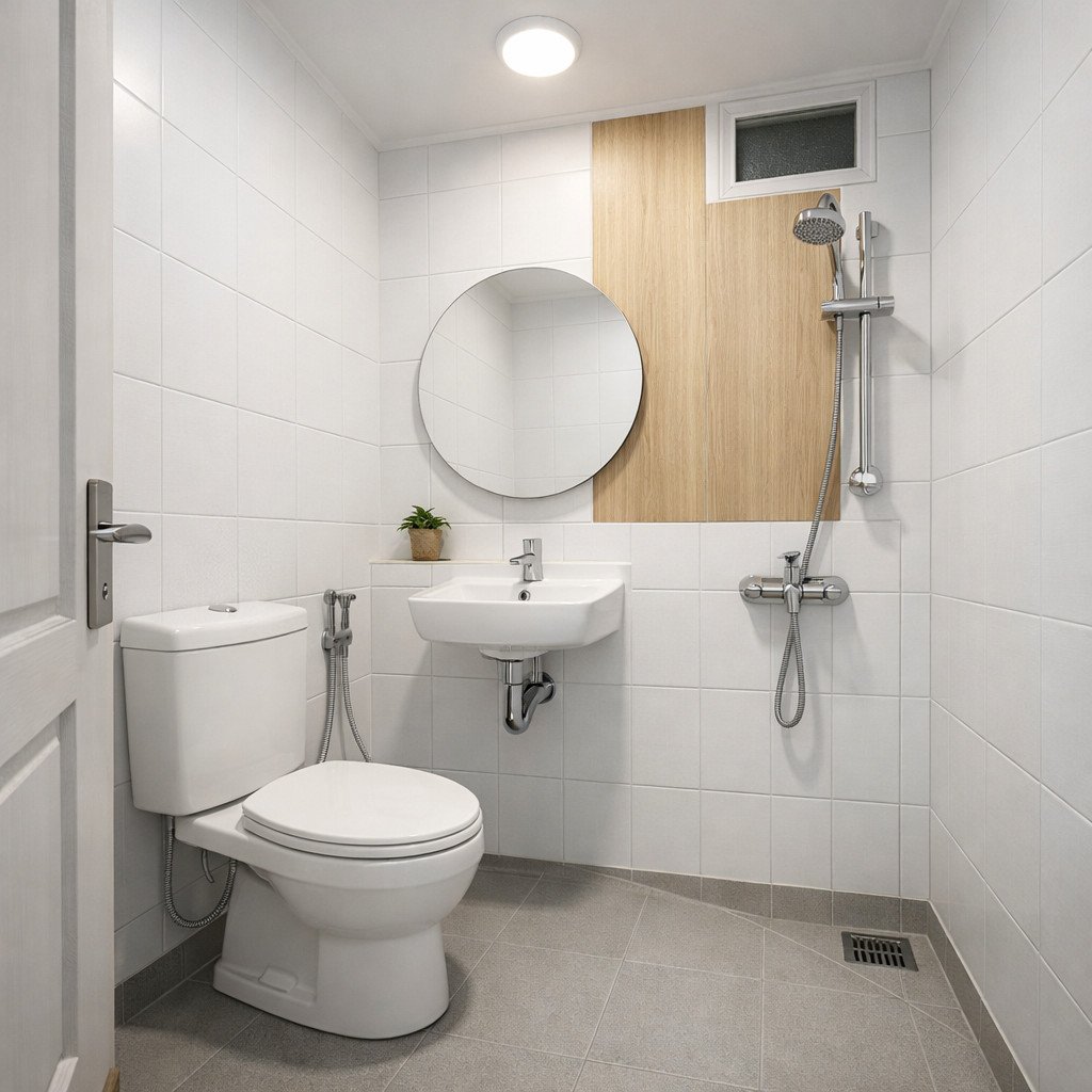 Kamar mandi Scandinavian sederhana yang cerah dan hemat budget