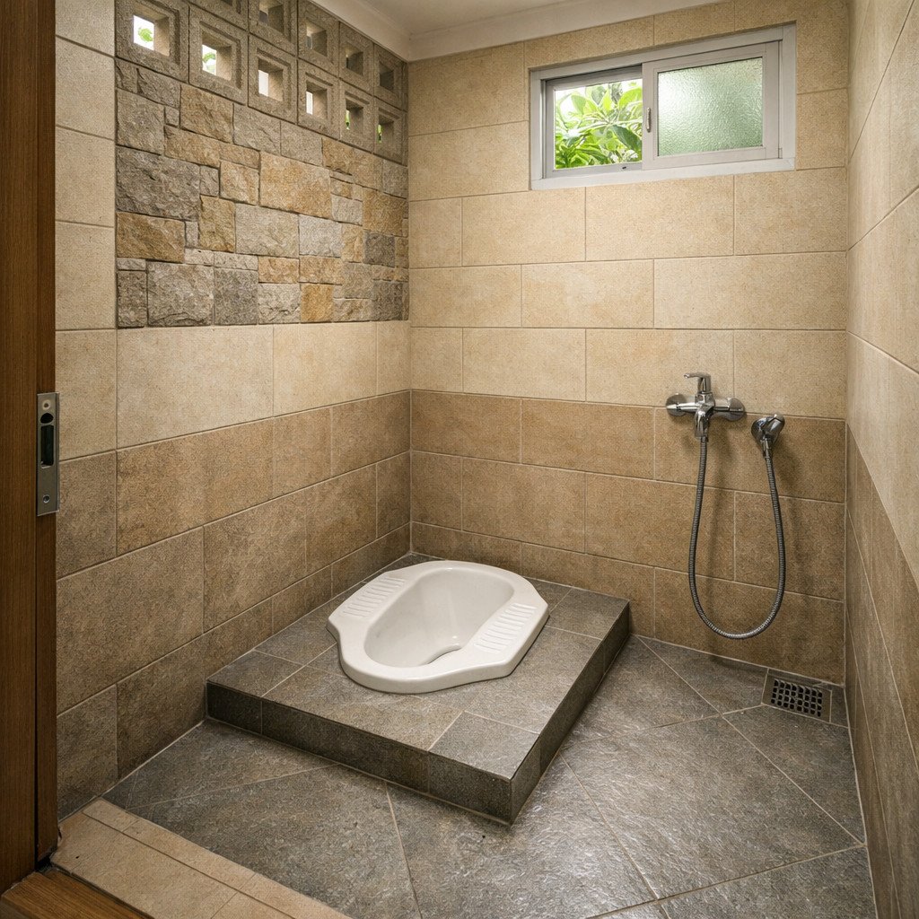 Kamar mandi WC jongkok tropis dengan ventilasi alami dan cahaya maksimal