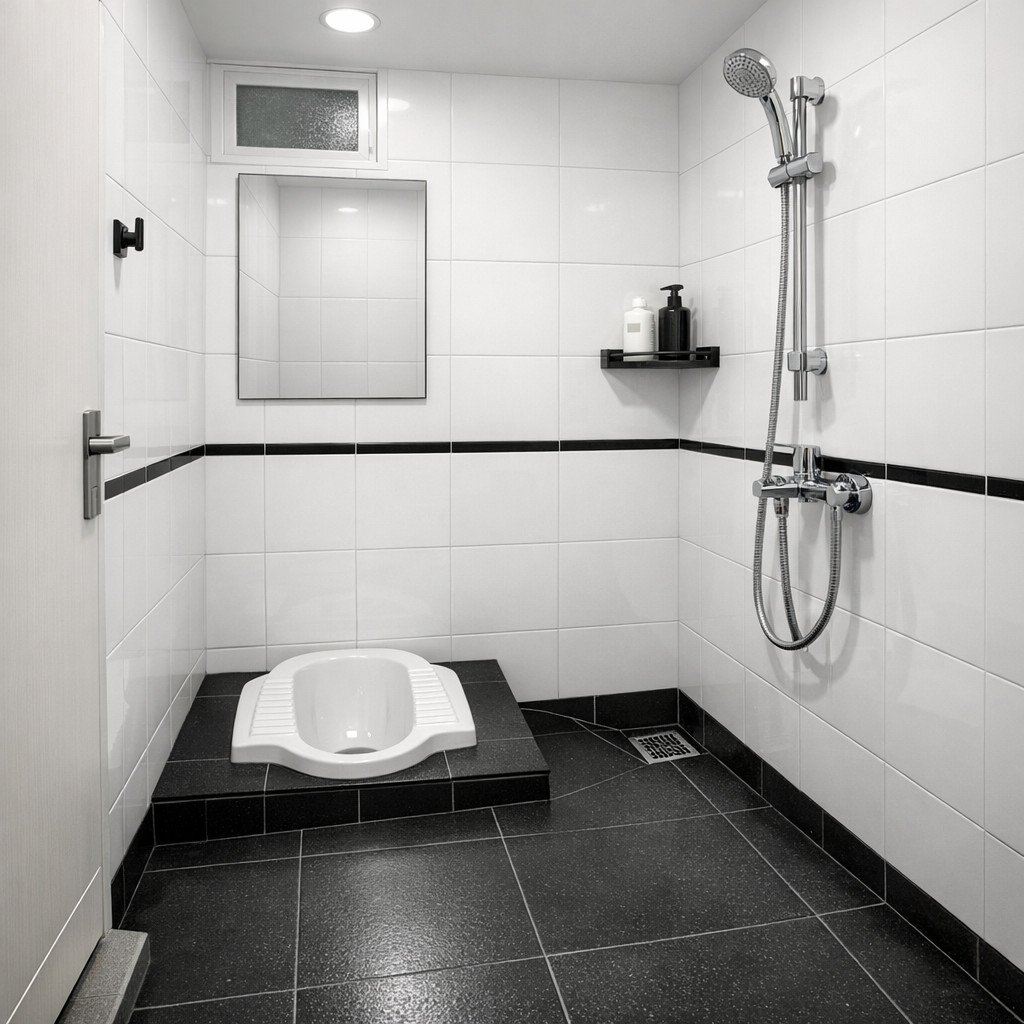 Kamar mandi hitam putih sederhana yang tetap terlihat elegan dan rapi