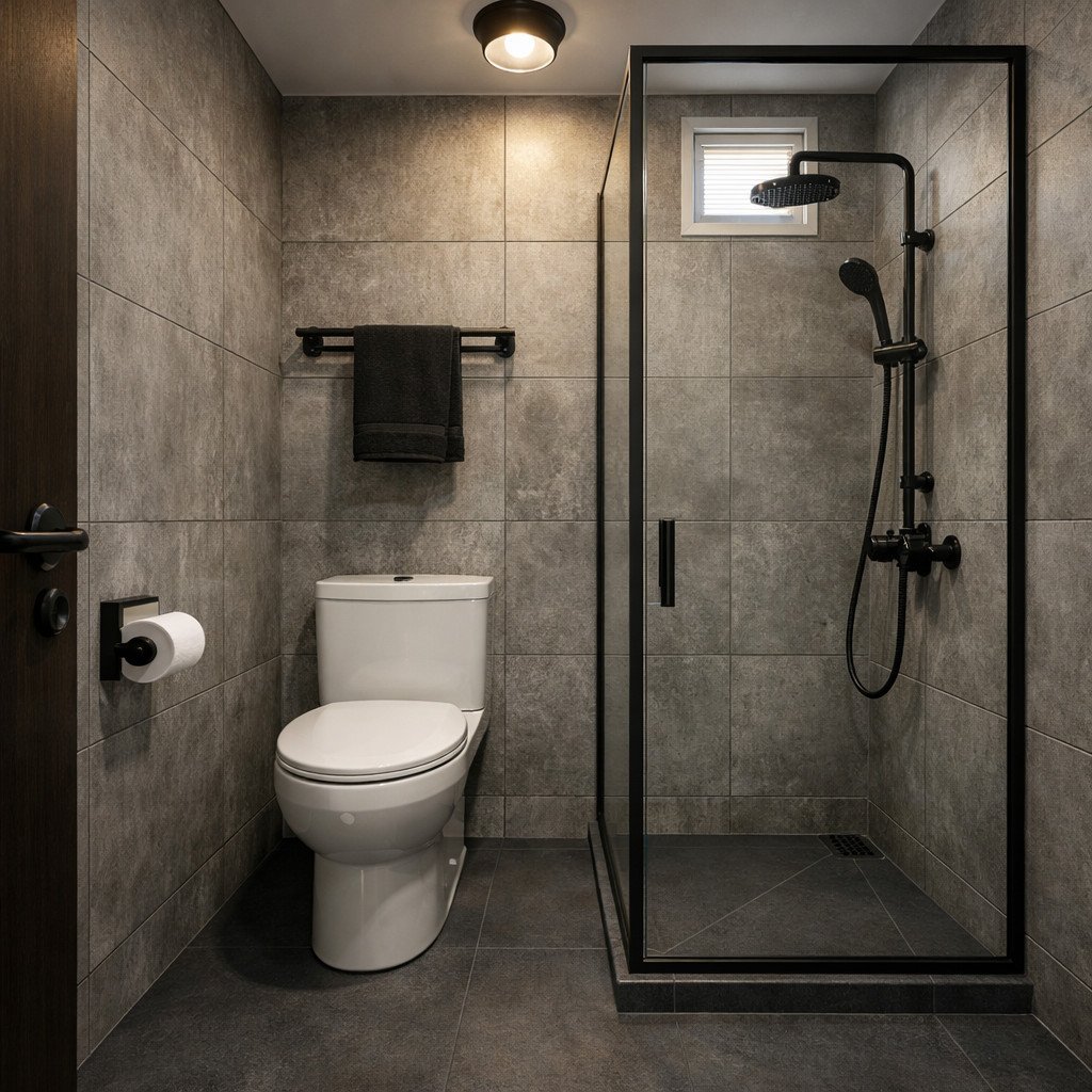 Kamar mandi kecil bergaya industrial dengan tekstur beton yang tegas