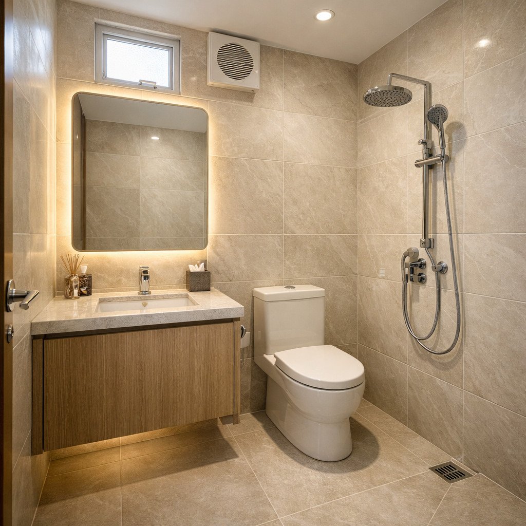 Kamar mandi kecil bernuansa quiet luxury yang elegan dan terasa premium