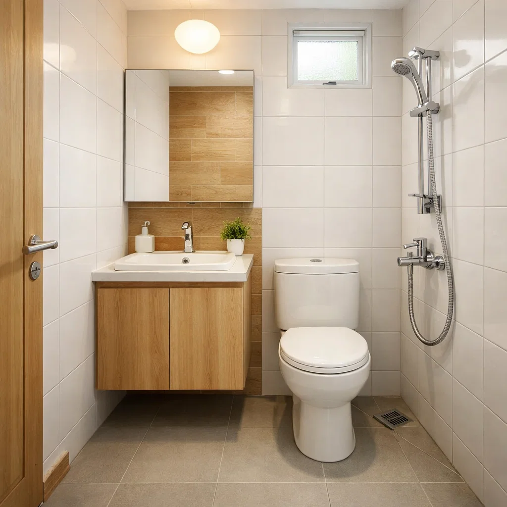 Kamar mandi kecil cerah dengan sentuhan kayu yang hangat dan cozy
