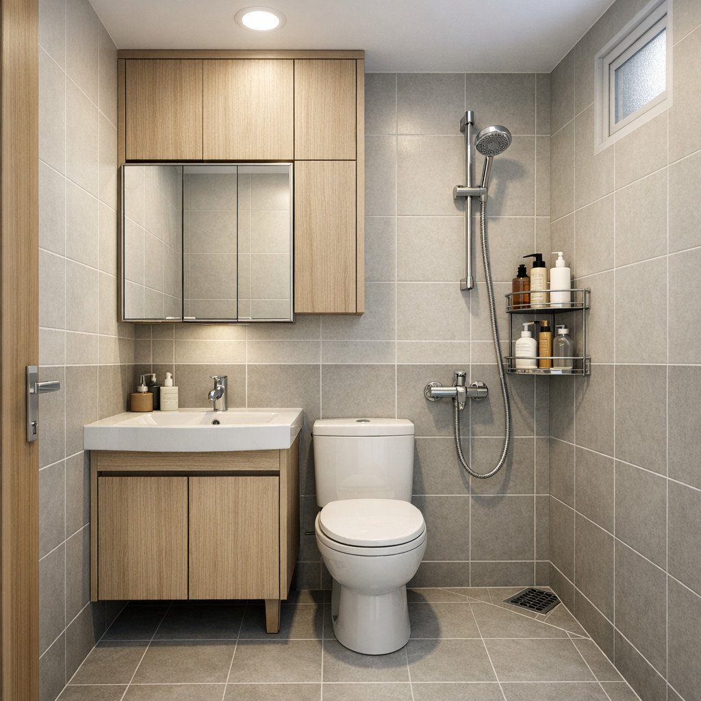 Kamar mandi kecil dengan storage pintar yang rapi dan fungsional