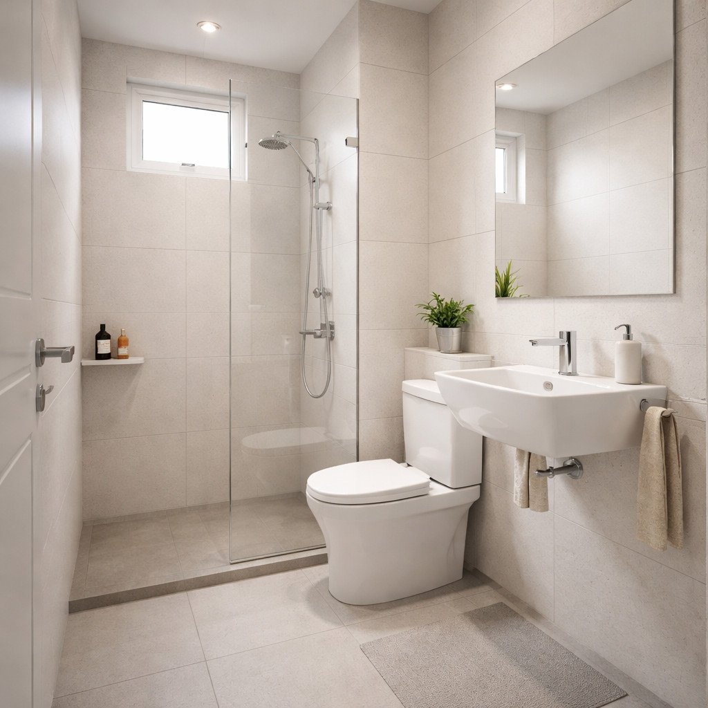 Kamar mandi kecil monokrom yang bersih dan terasa lebih luas