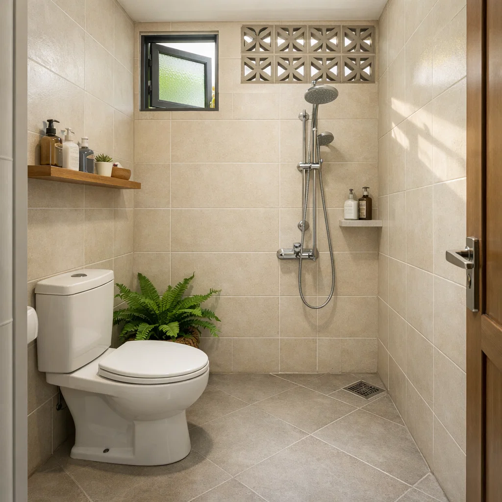 Kamar mandi kecil terasa segar berkat ventilasi dan cahaya alami