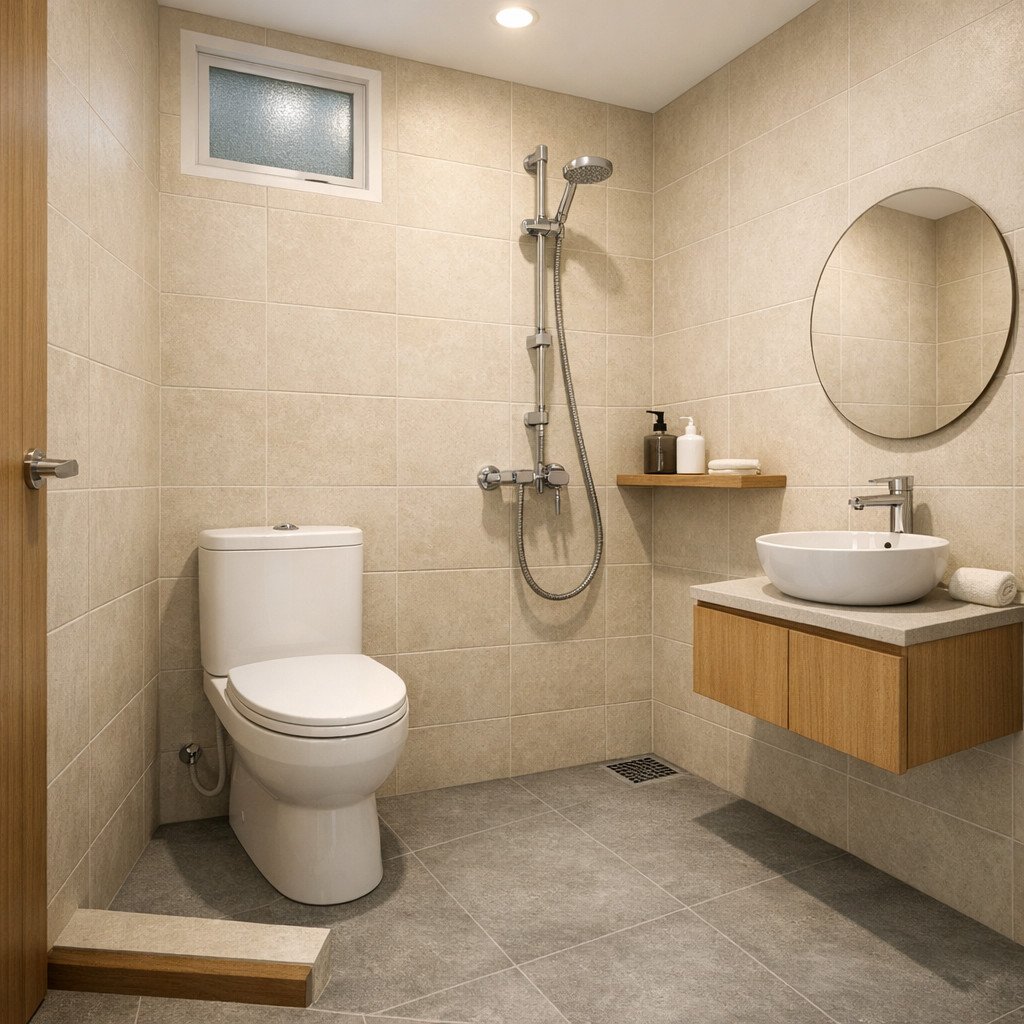 Kamar mandi minimalis 2x2 bergaya Japandi yang hangat dan menenangkan