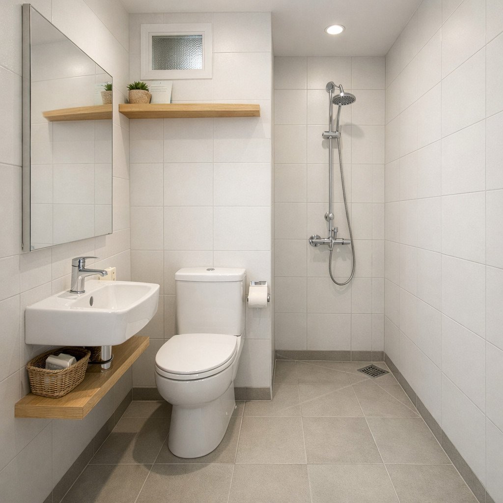 Kamar mandi minimalis 2x2 bergaya Scandinavian yang terang dan lapang