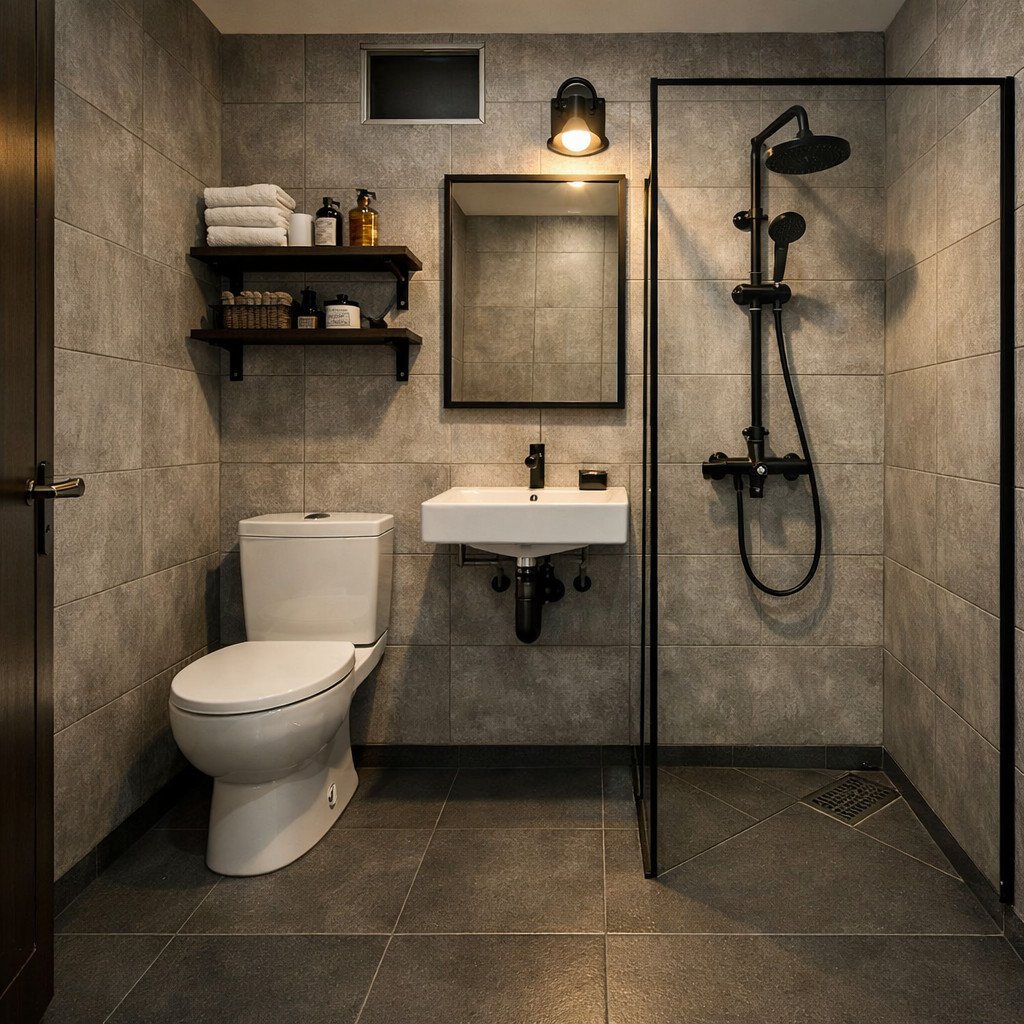 Kamar mandi minimalis 2x2 bergaya industrial yang kuat dan modern