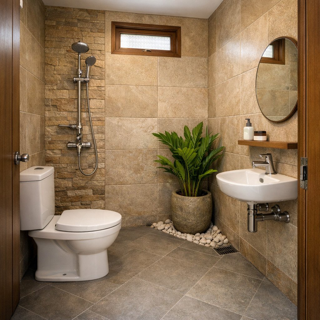 Kamar mandi minimalis 2x2 bernuansa tropis yang segar dan alami