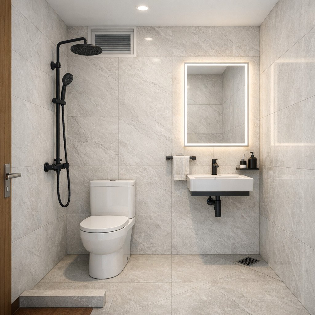 Kamar mandi minimalis 2x2 dengan sentuhan elegan dan material premium