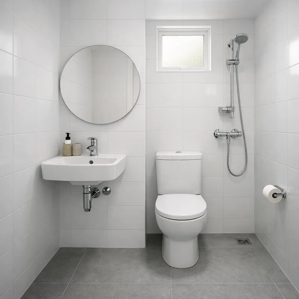 Kamar mandi minimalis sederhana dengan dominasi putih dan abu terang yang terlihat bersih, ringkas, dan hemat biaya namun tetap nyaman digunakan