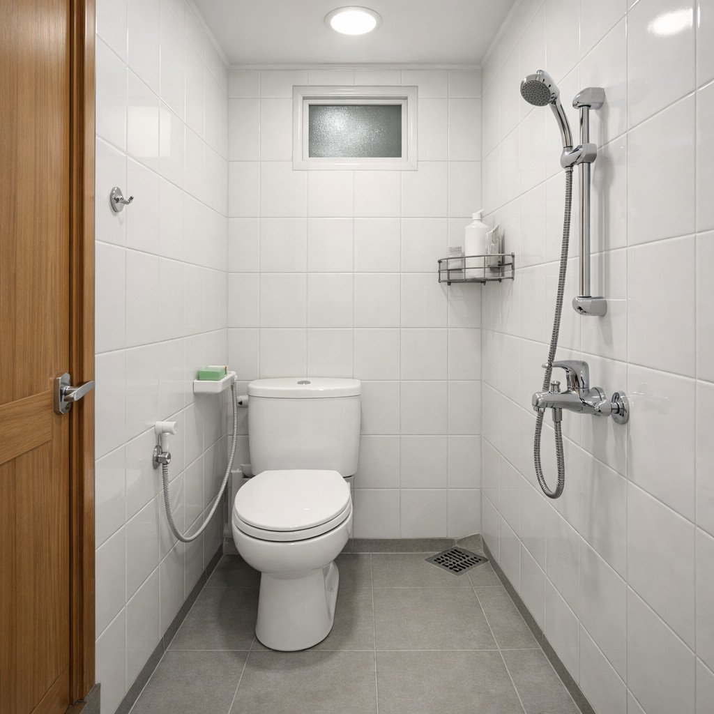 Kamar mandi putih sederhana yang bersih, terang, dan terasa lega