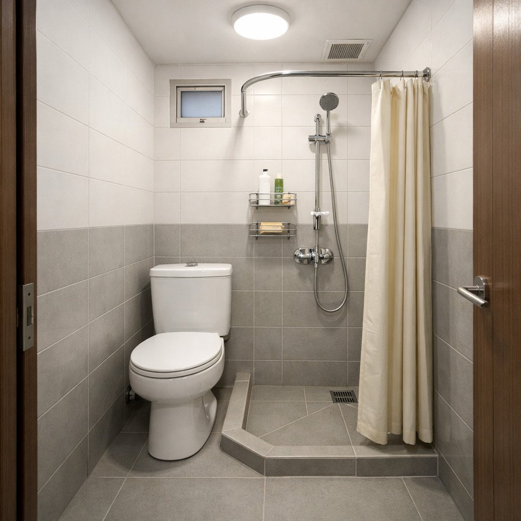 Kamar mandi sederhana dengan tirai shower yang hemat dan fungsional