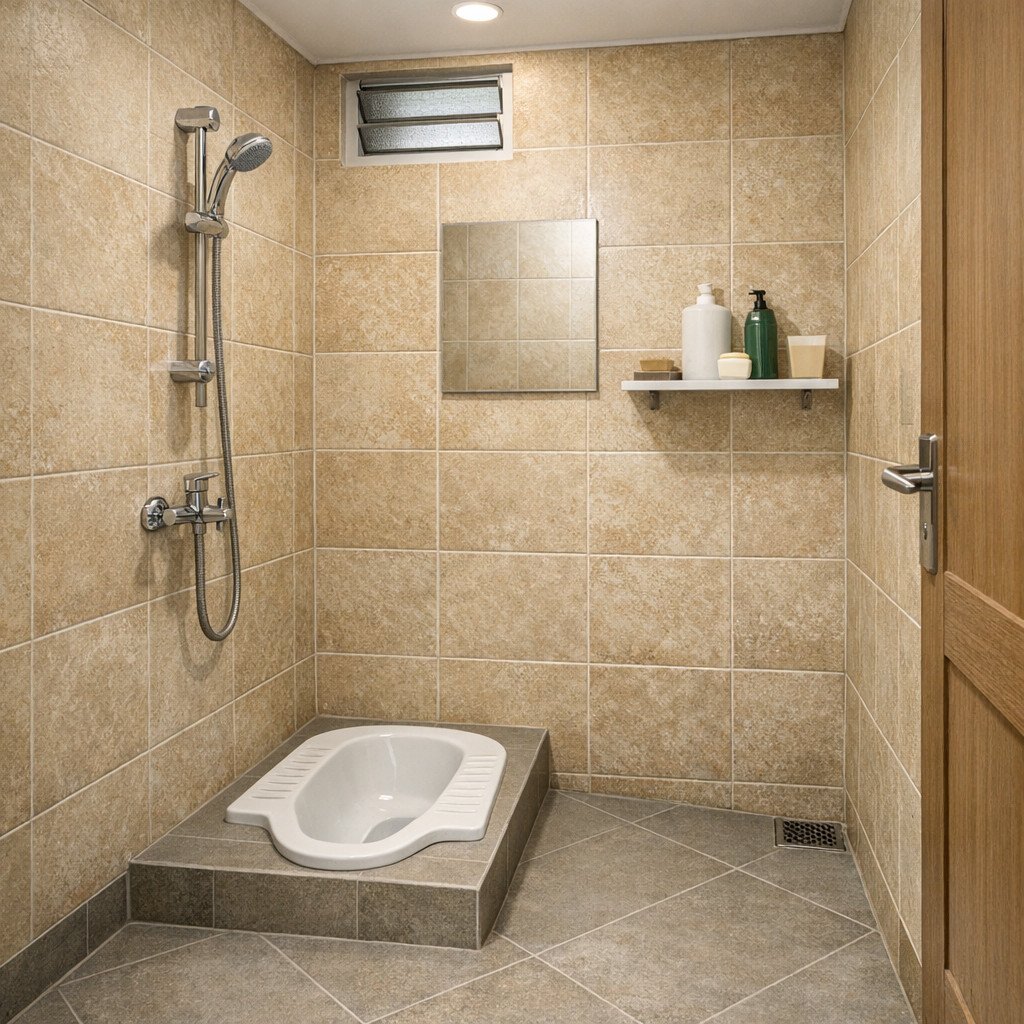 Kamar mandi sederhana earth tone yang hangat dan tetap hemat biaya