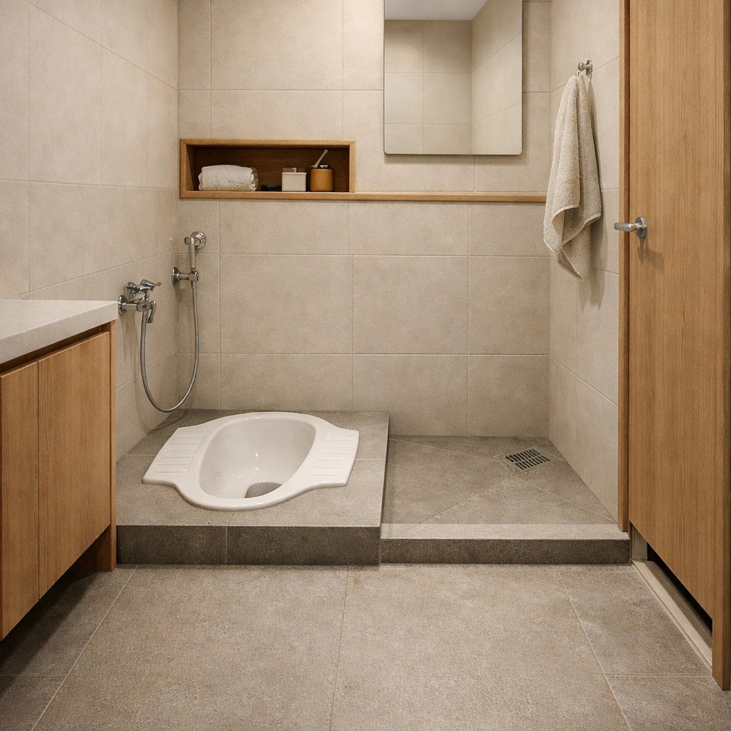 Kamar mandi wc jongkok Japandi yang tenang dan terasa hangat