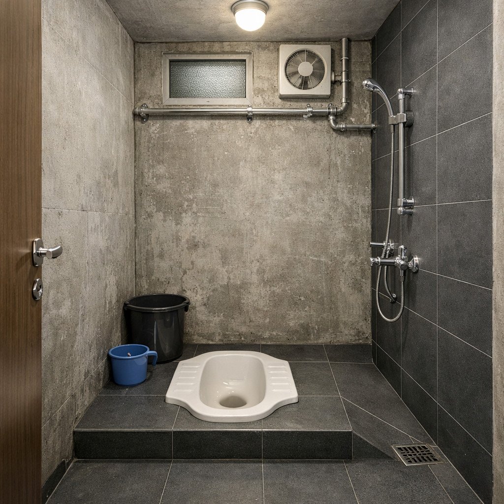 Kamar mandi wc jongkok industrial sederhana dengan karakter kuat