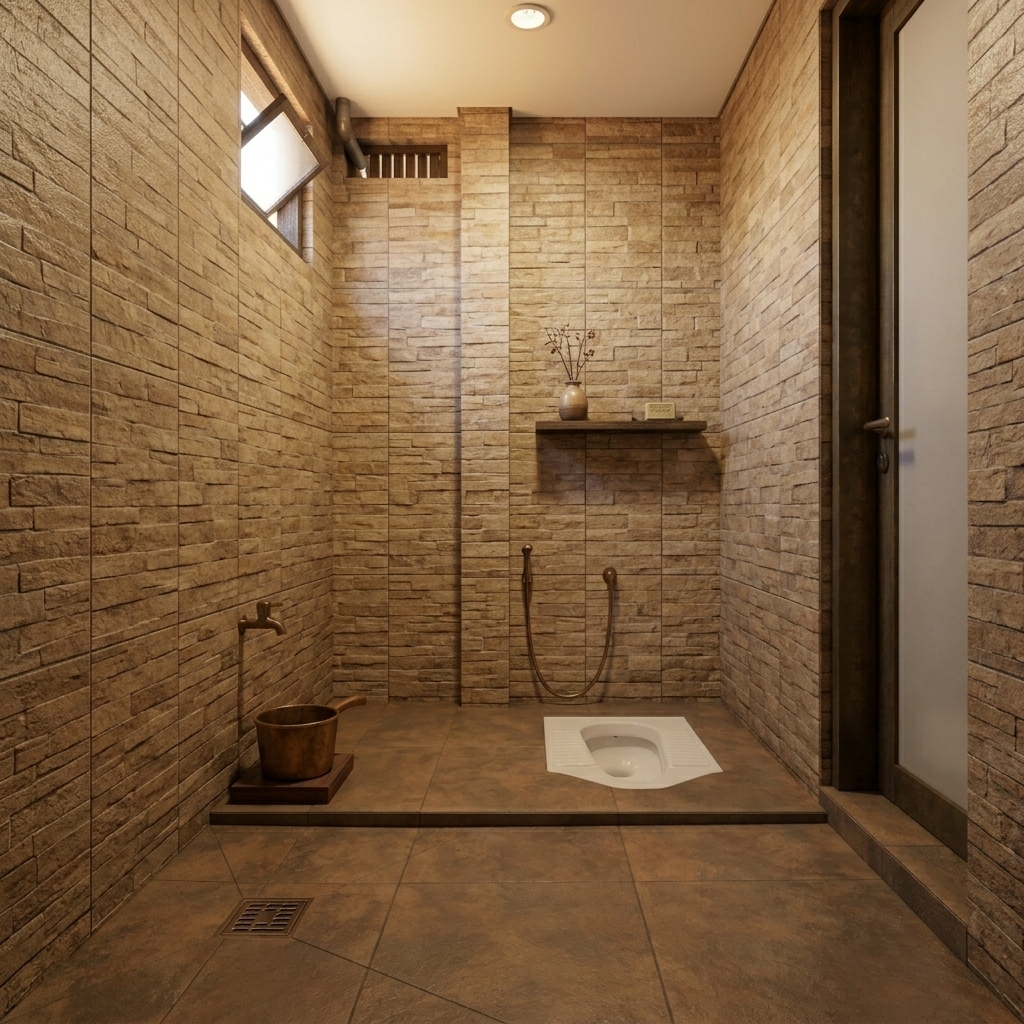 Kamar mandi wc jongkok rustic dengan nuansa hangat alami