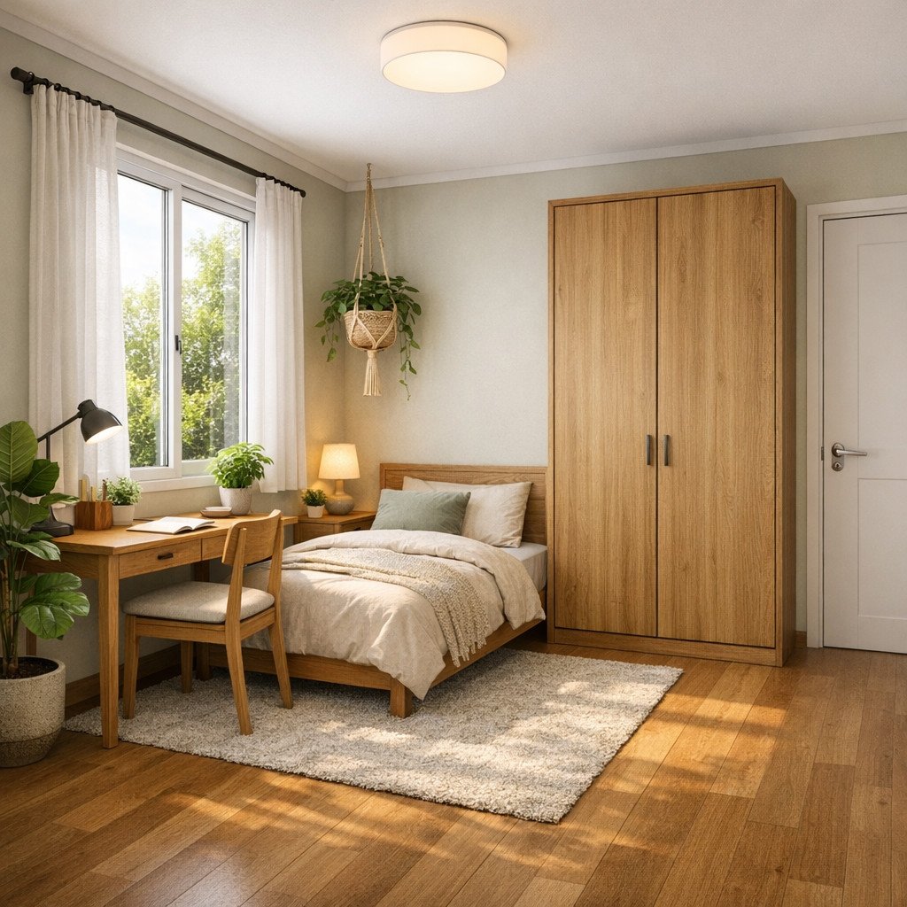 Kamar remaja biophilic dengan nuansa alami yang segar dan menenangkan