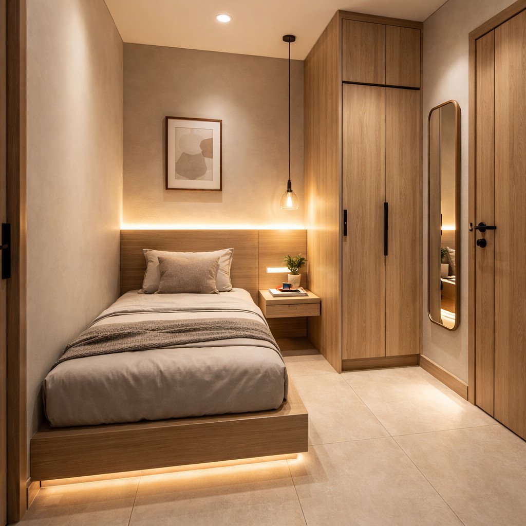 Kamar tidur 2x2 Japandi yang hangat dan terasa tenang