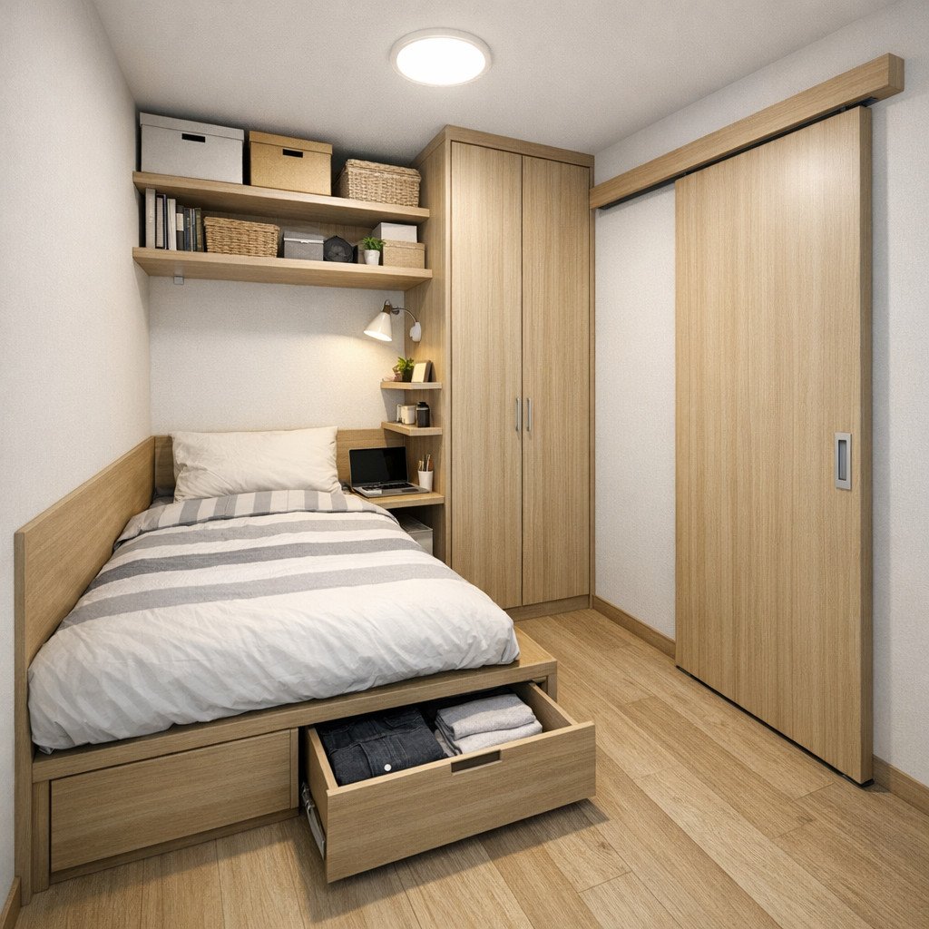 Kamar tidur 2x2 dengan storage maksimal dan tetap rapi