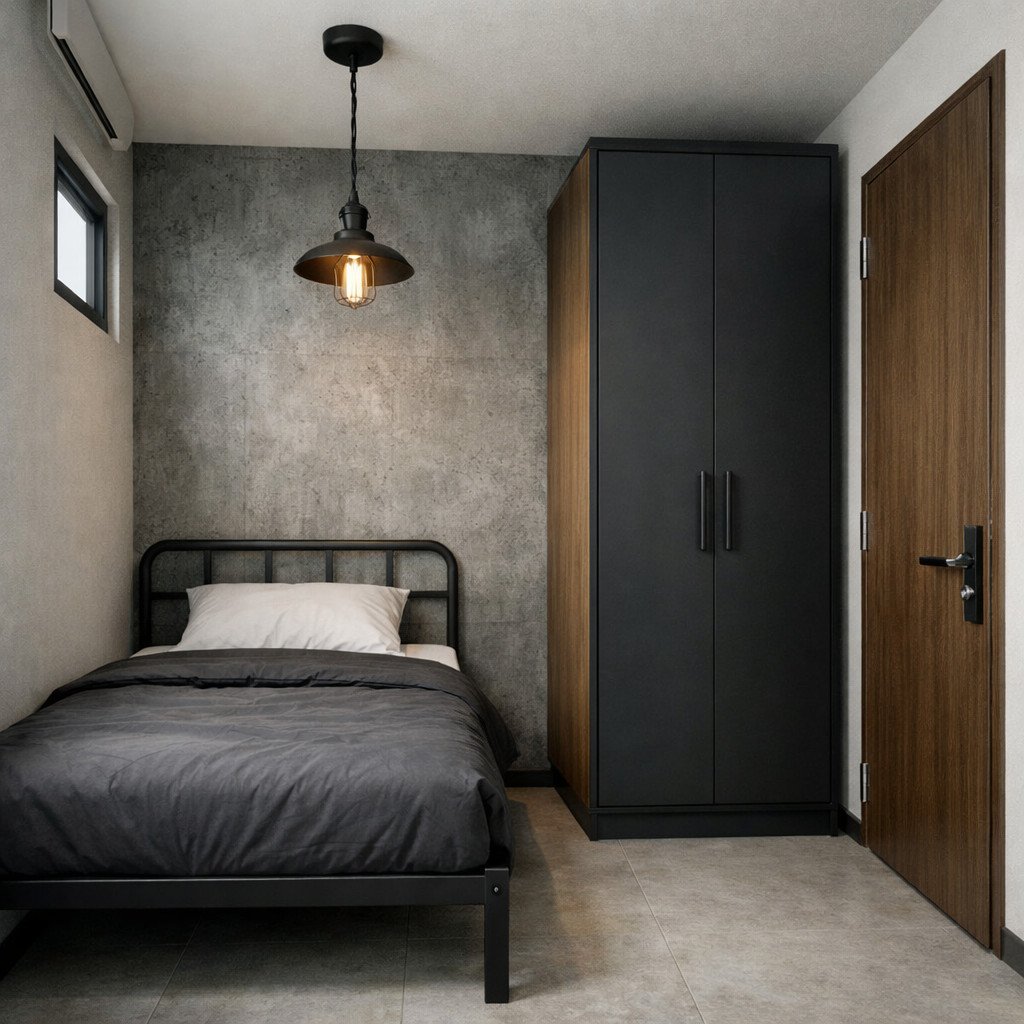 Kamar tidur 2x2 industrial yang tegas dan maskulin