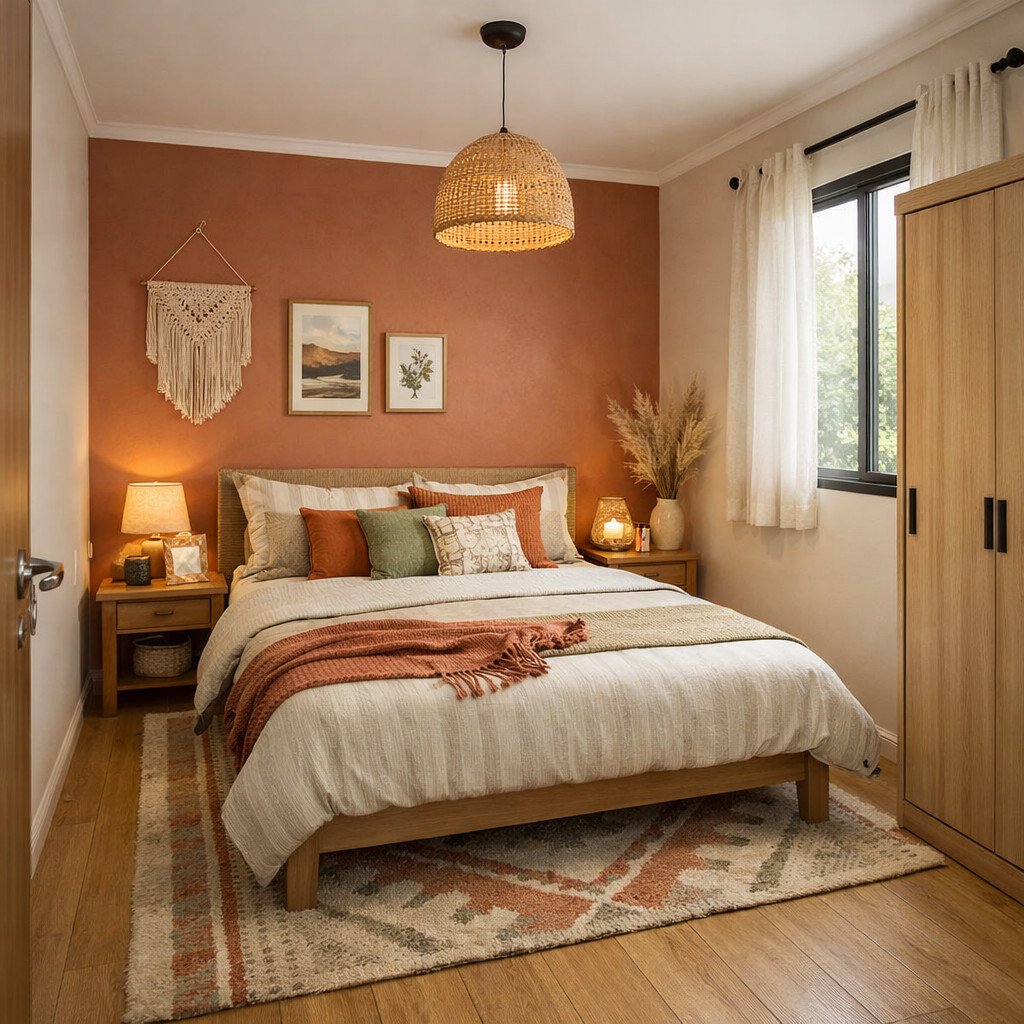 Kamar tidur 3x3 Bohemian yang hangat dan penuh karakter