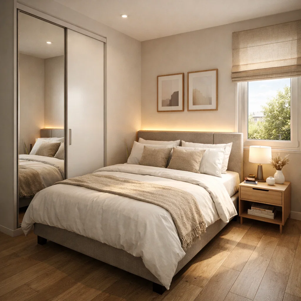 Kamar tidur 3x3 dengan tata letak efisien, pencahayaan hangat, dan built-in rapi yang membuat ruang kecil terasa nyaman dan terorganisir