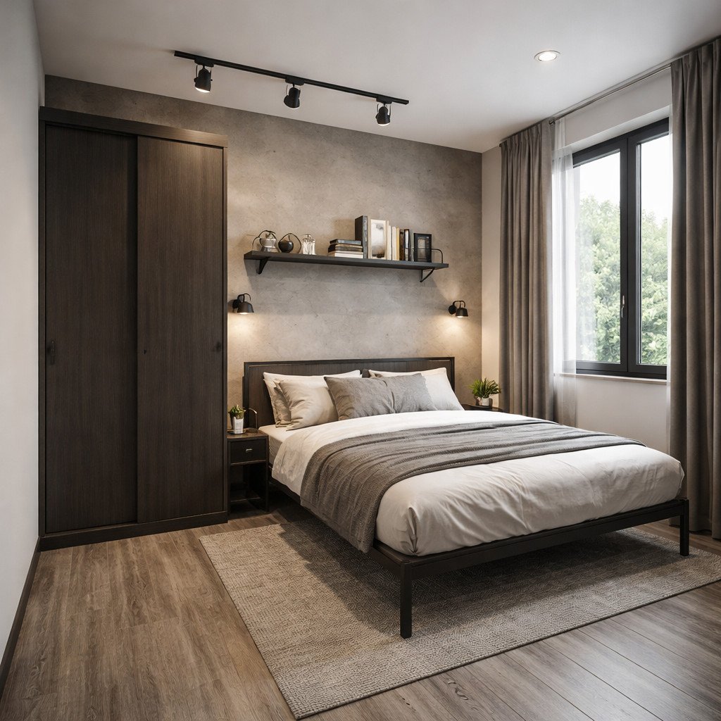 Kamar tidur 3x3 industrial yang tegas namun tetap nyaman
