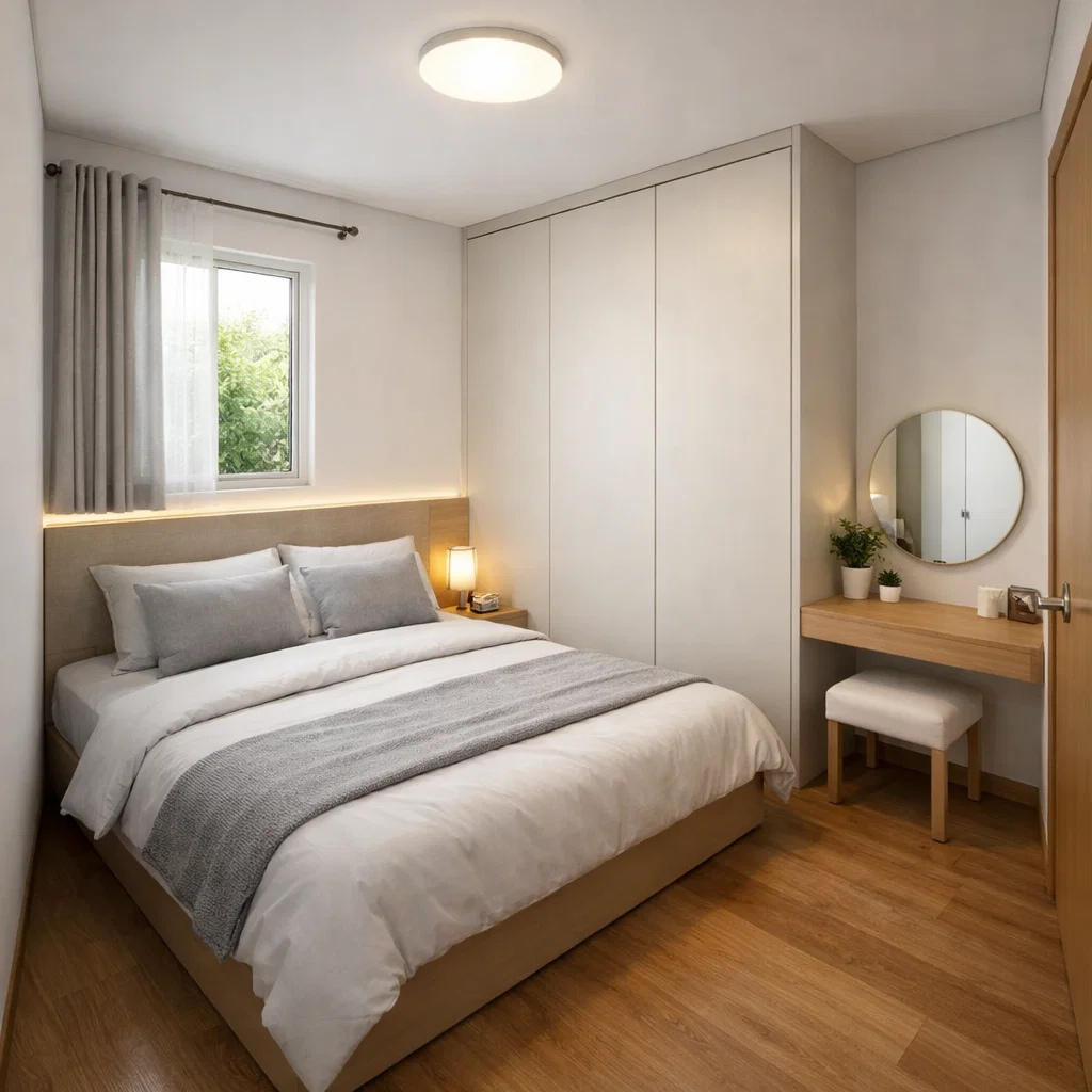 Kamar tidur 3x3 minimalis modern yang rapi dan fungsional