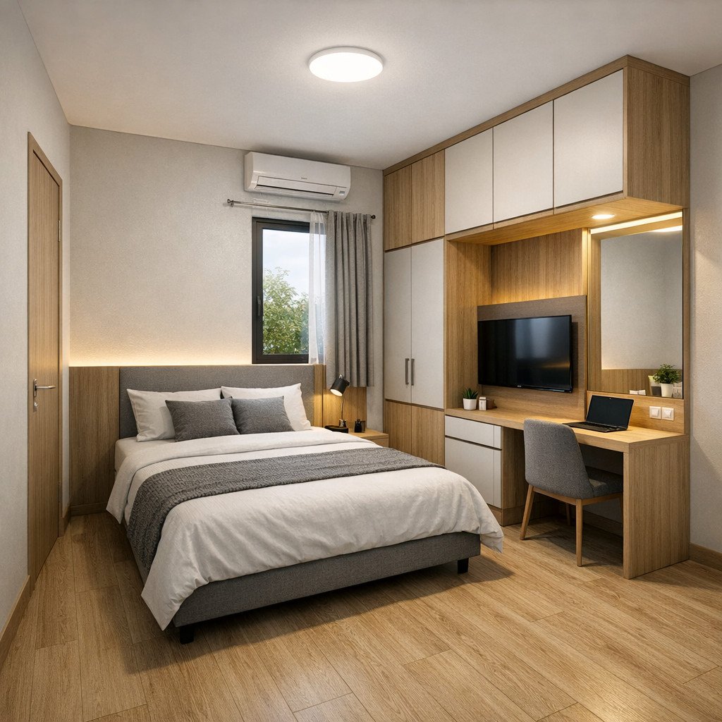 Kamar tidur 3x3 modern yang rapi dan fungsional