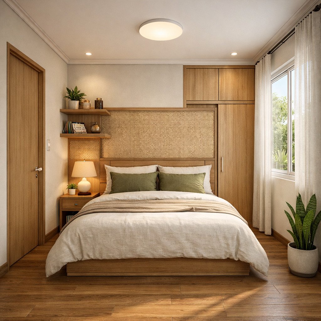 Kamar tidur 3x4 tropis yang hangat dan terasa lega