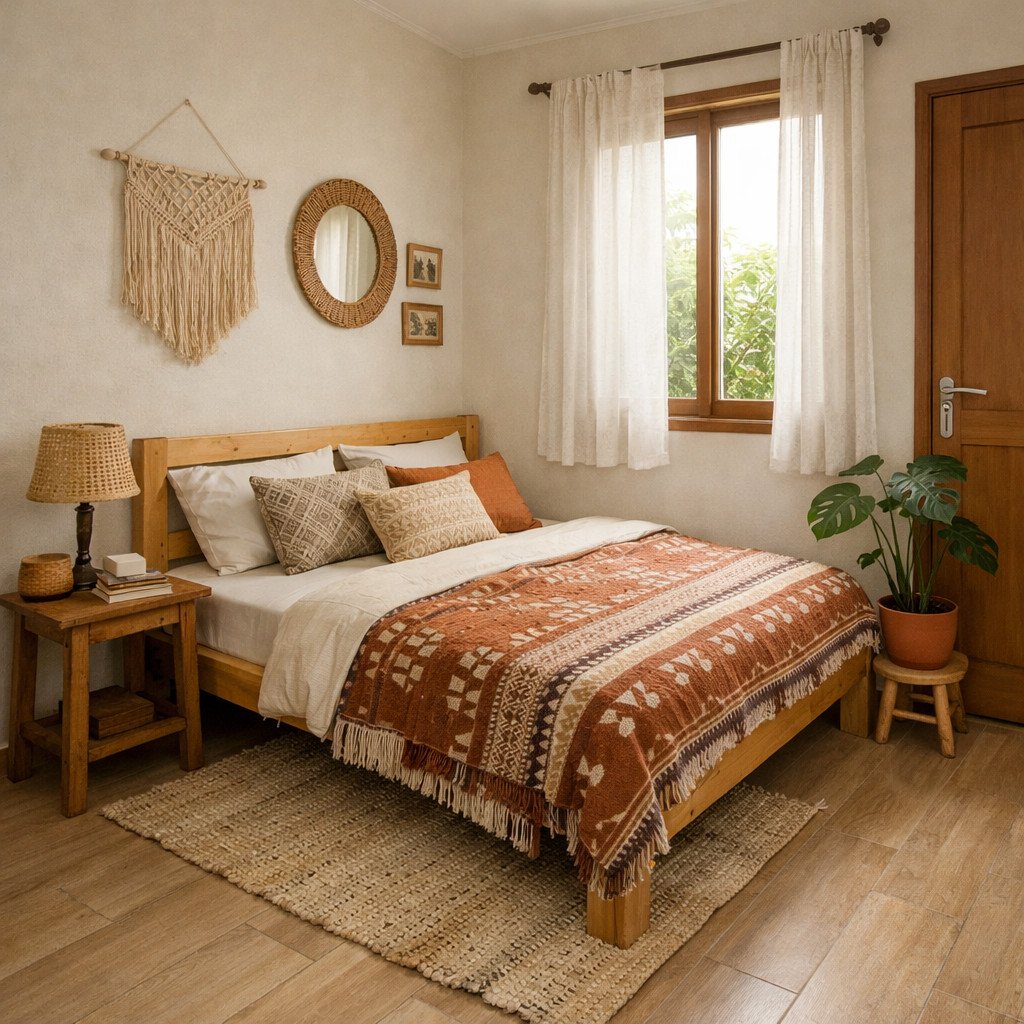 Kamar tidur Bohemian sederhana yang hangat dan penuh karakter