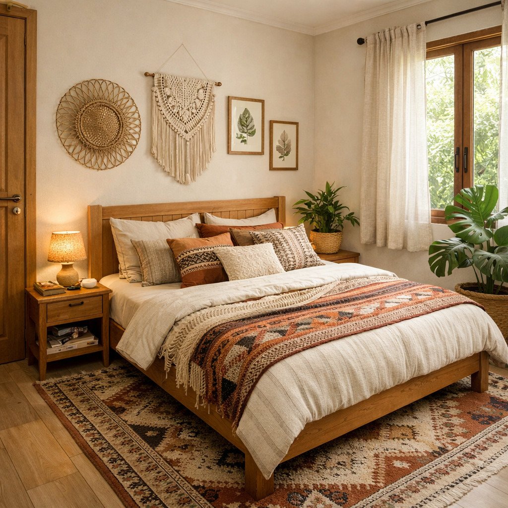Kamar tidur Bohemian sederhana yang hangat dan penuh karakter