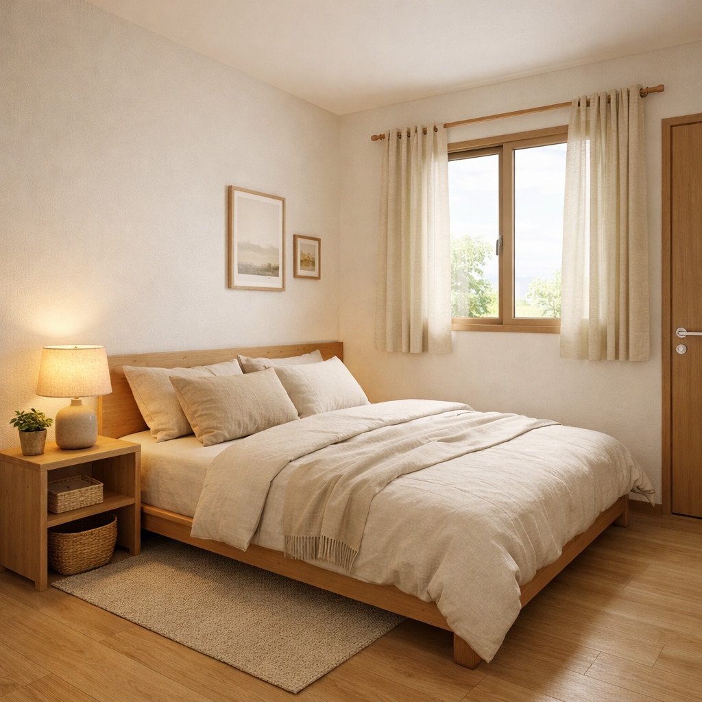 Kamar tidur Japandi sederhana yang hangat dan menenangkan