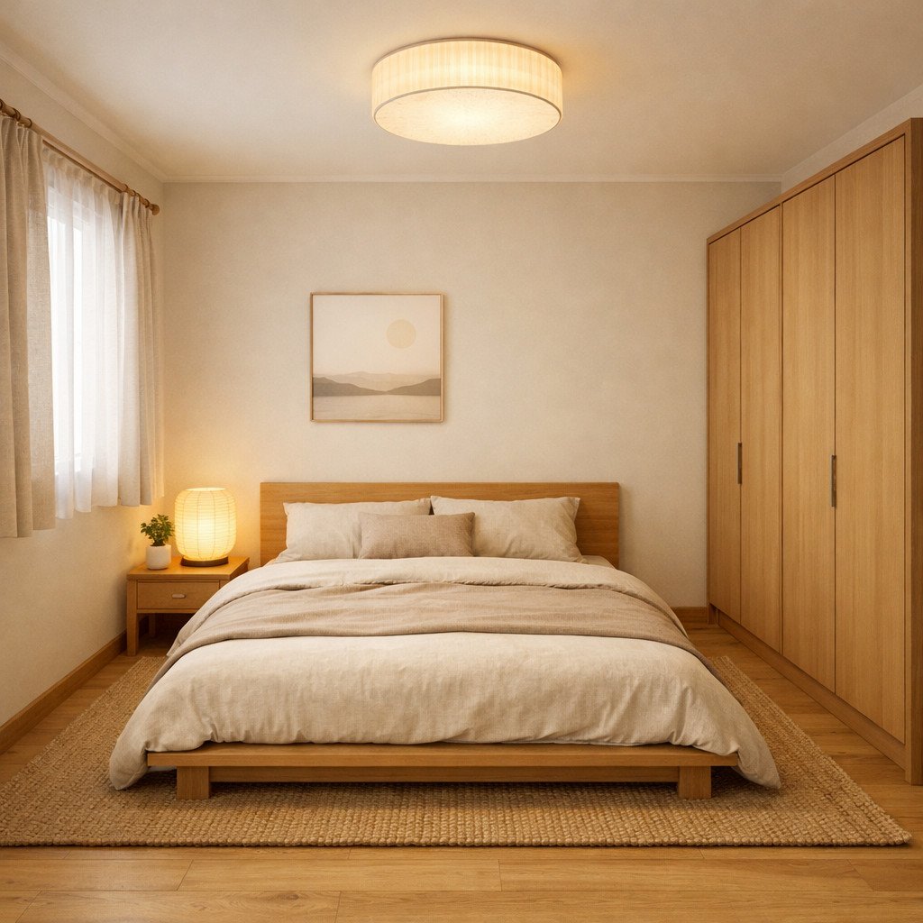 Kamar tidur Japandi sederhana yang hangat dan menenangkan