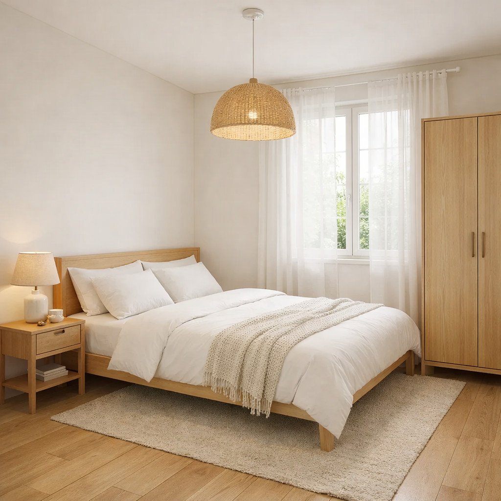 Kamar tidur Scandinavian sederhana yang terang dan hangat