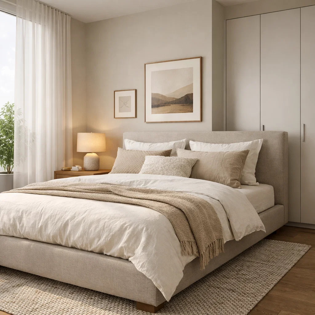 Kamar tidur aesthetic dengan suasana hangat dan pencahayaan alami yang lembut serta tata ruang minimalis yang terasa nyaman dan personal