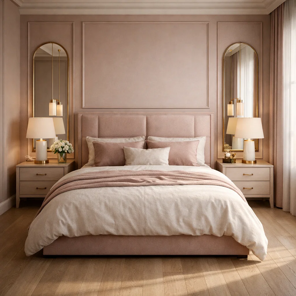 Kamar tidur bernuansa dusty pink dengan sentuhan gold lembut dan pencahayaan hangat yang menghadirkan suasana elegan serta nyaman