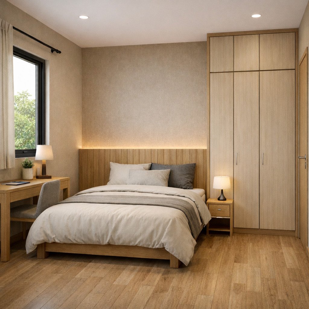 Kamar tidur cowo Japandi yang tenang dan terasa sangat rapi