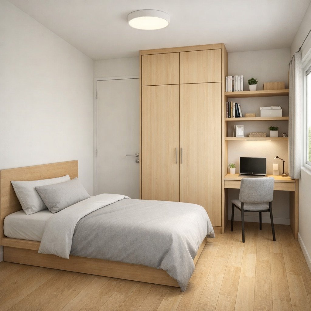 Kamar tidur cowo minimalis bergaya Scandinavian yang terang dan rapi