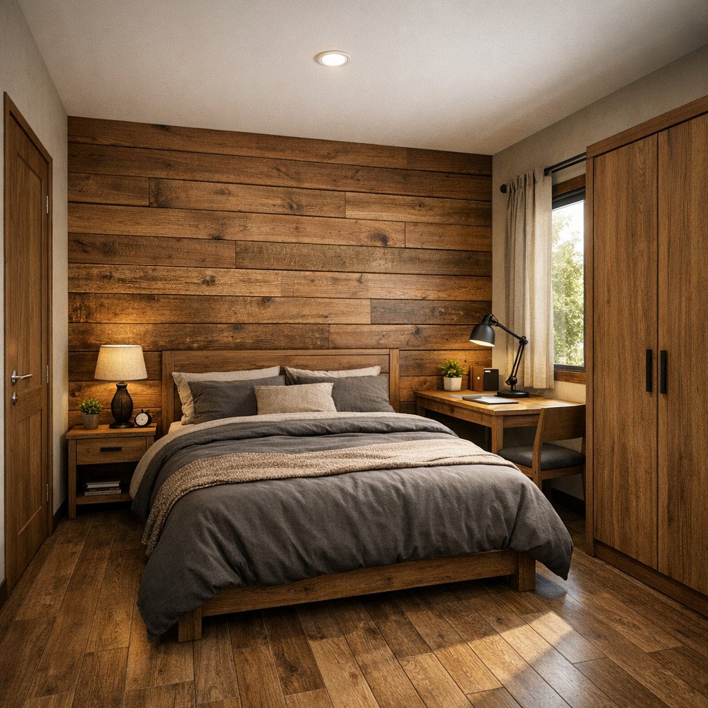 Kamar tidur cowo rustic dengan nuansa kayu yang hangat dan santai